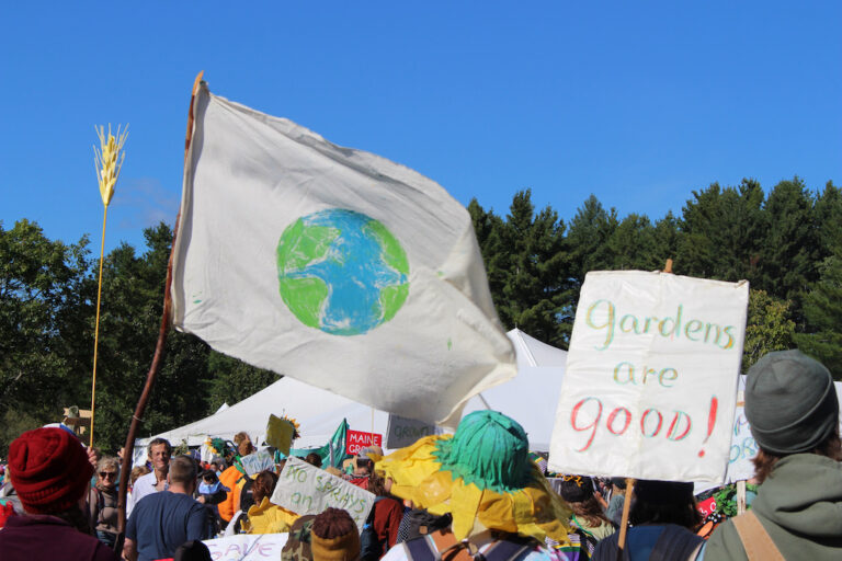 A flag with the earth drawn on it and a sign that says "Gardens are Good!" in a parade of people
